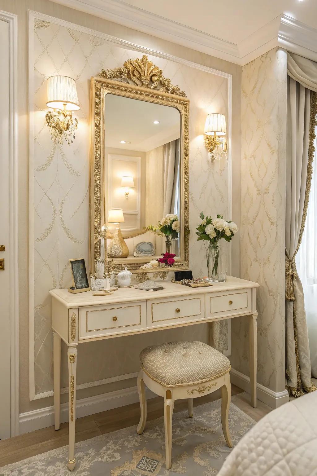 A chic vanity space injects a fusion of functionality and flair.