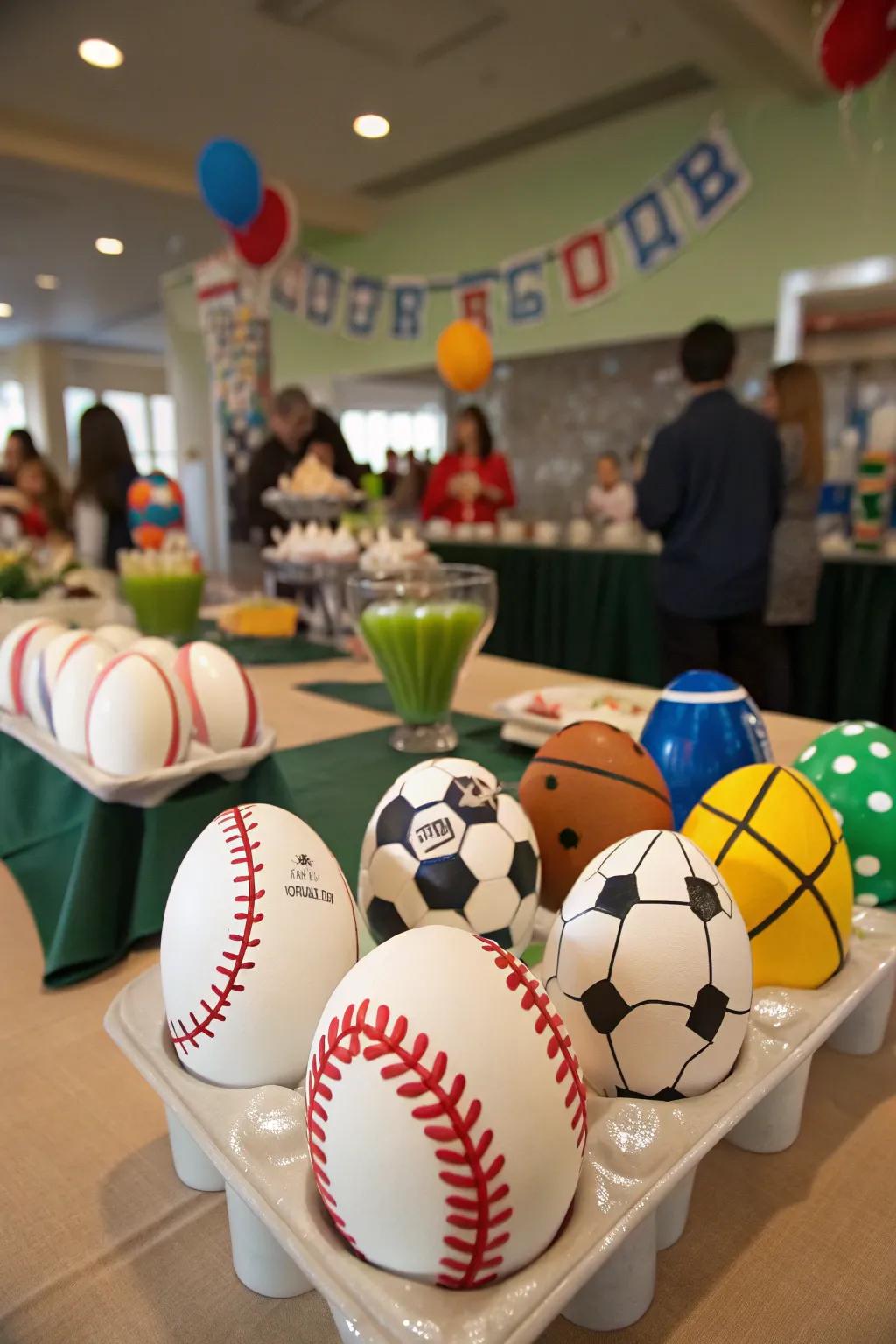 Sports-themed eggs bringing energy to the decor.