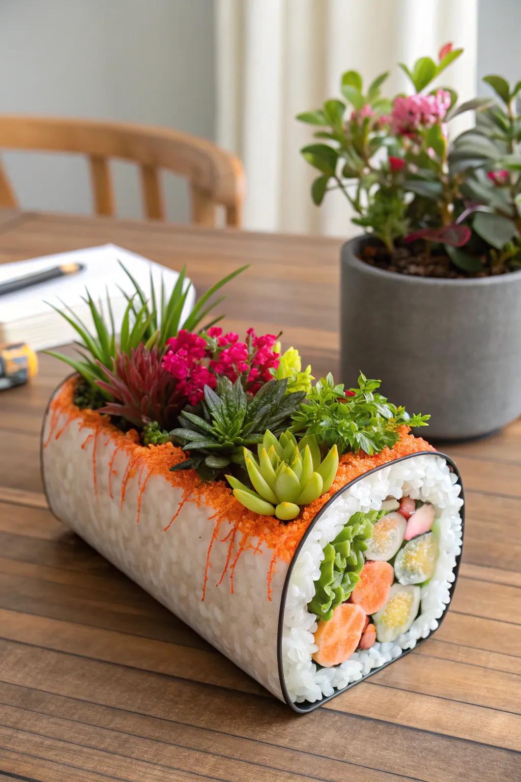 Quirky sushi roll planter bringing fun to the garden.