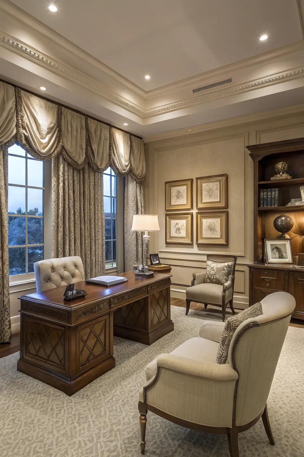 Introduce structure and elegance with tailored pleat valances in your study.