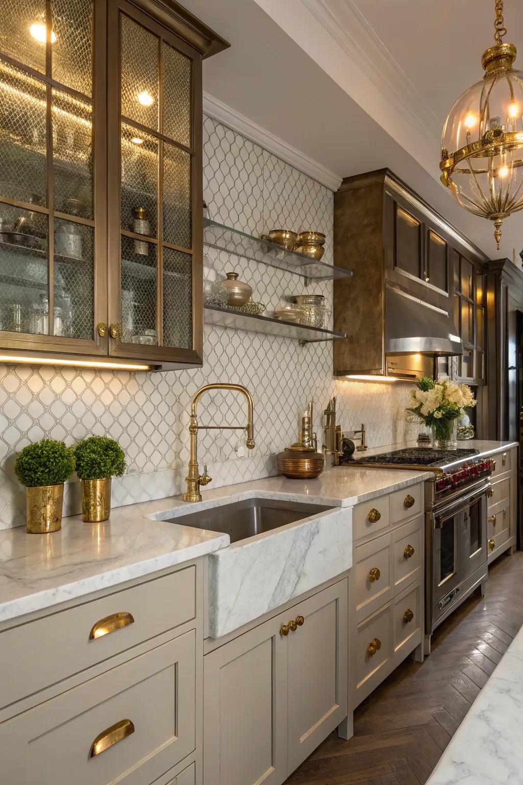 Metallic accents add a touch of glamour to the kitchen.