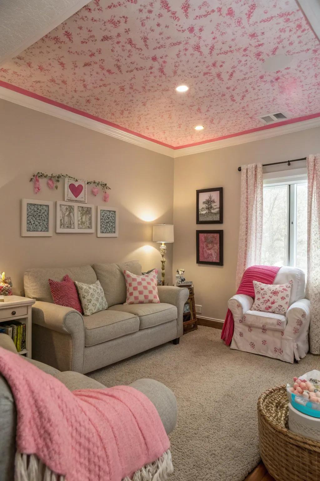 A rose ceiling offers an unexpected and playful twist to the design.