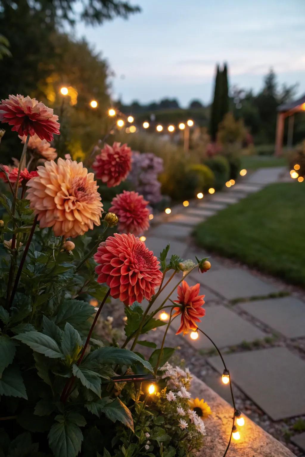 Garden lights projecting a radiance on twilight asters.
