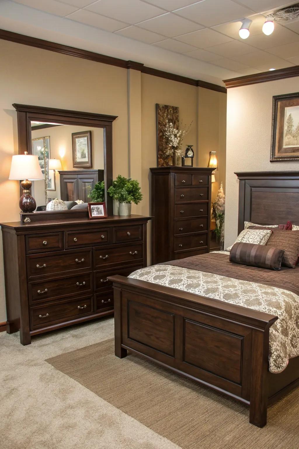 Mirrors brighten light and space, showcasing deep brown furnishings.