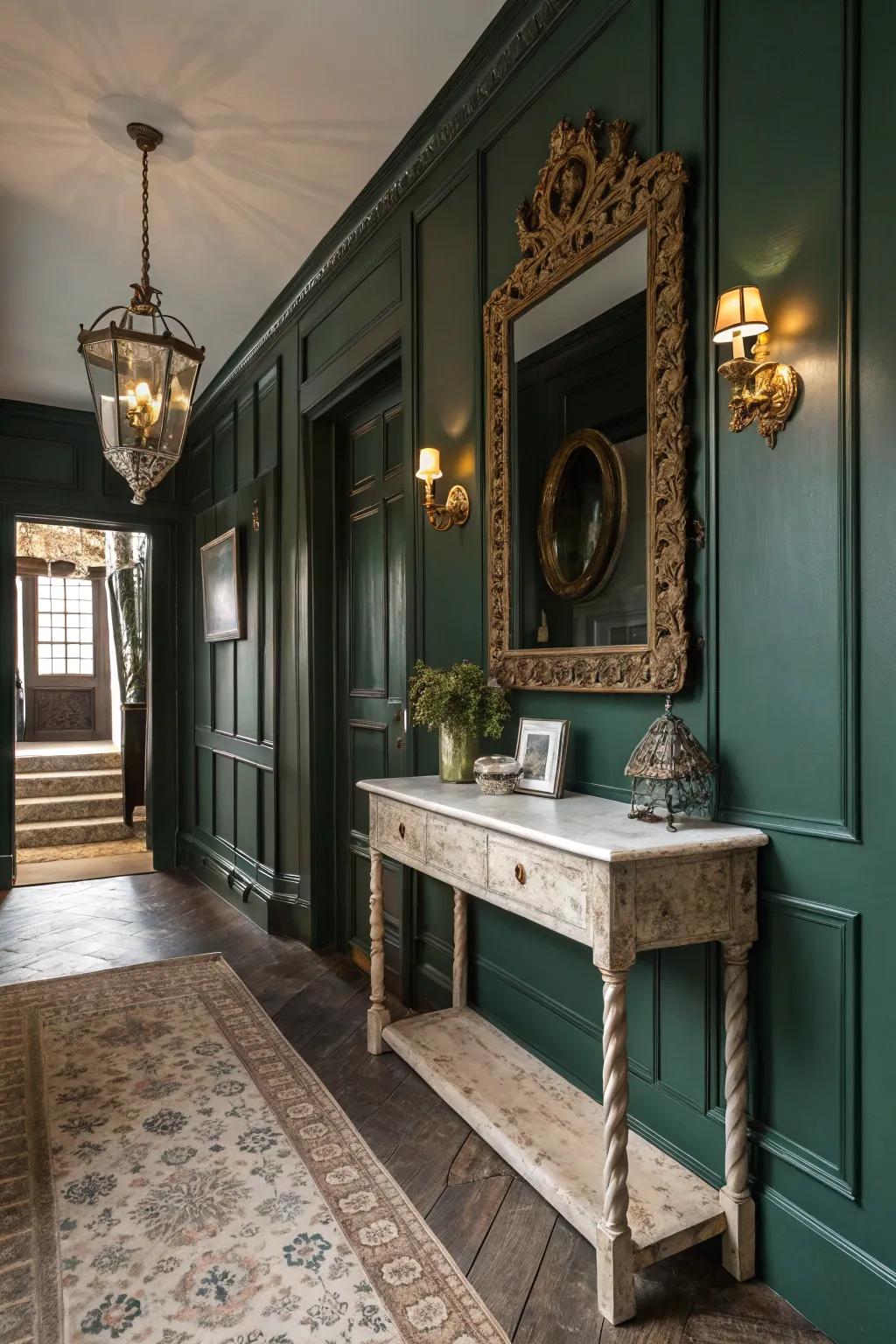 Vintage elements bring allure to the forest green hallway.