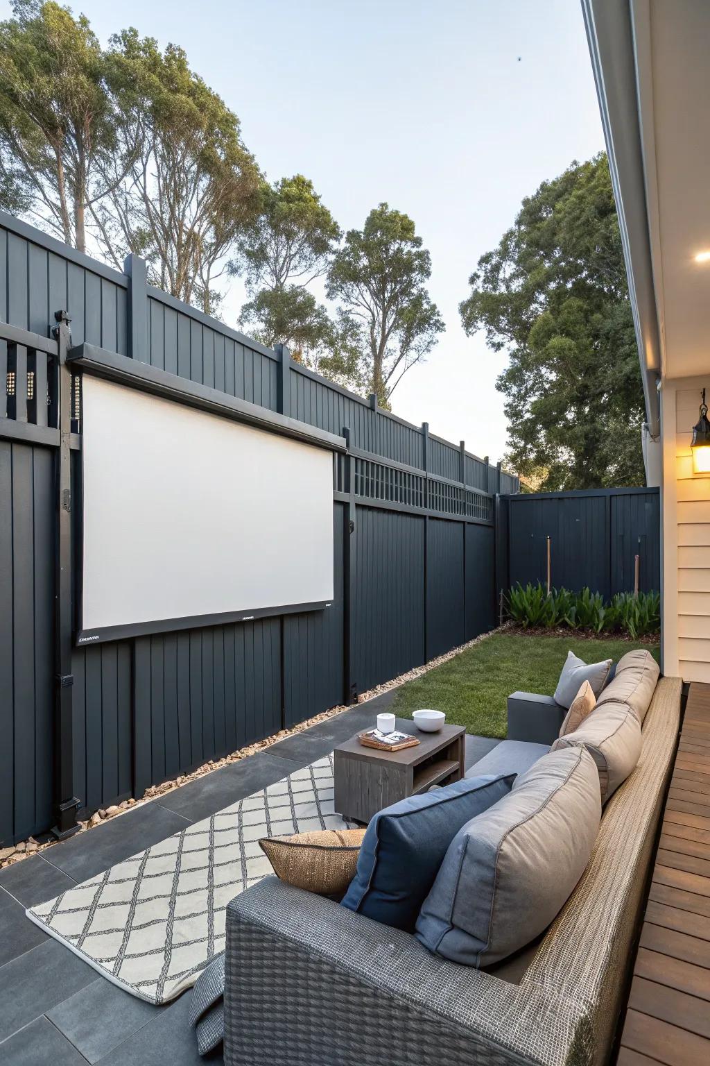 An outdoor entertainment space with a charcoal-toned enclosure and a projector screen for movie nights.