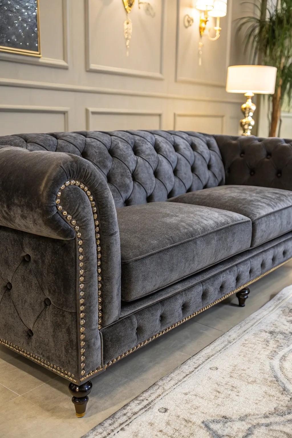 Velvet fabric delivers grandeur and opulence to a gray couch.