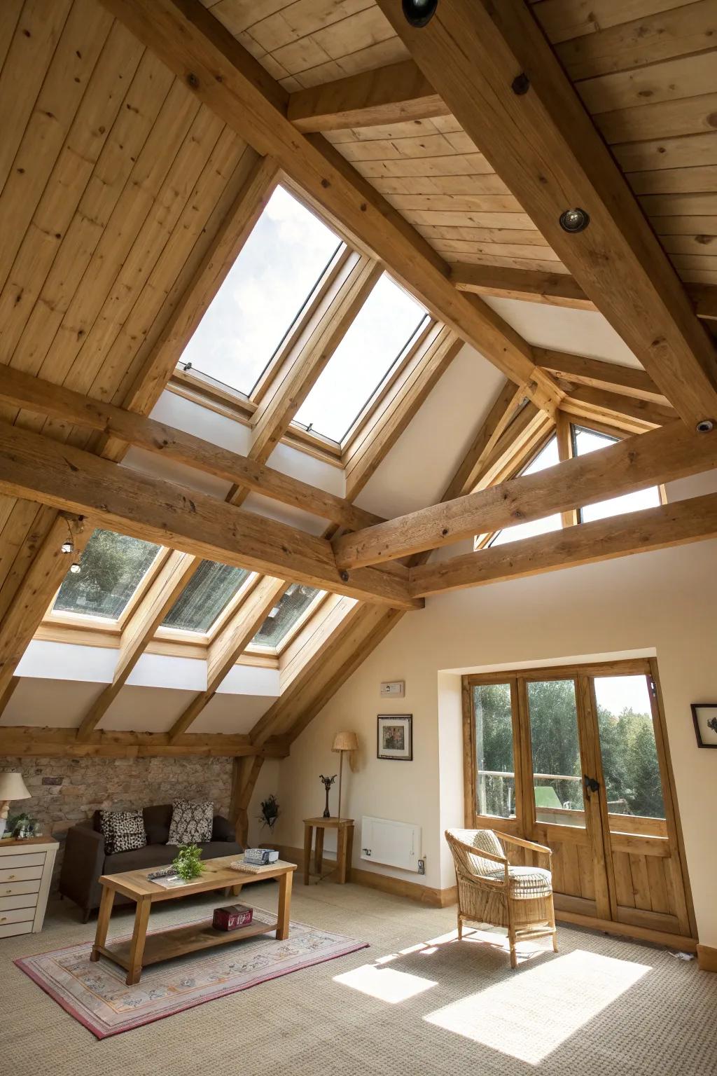 Beams paired alongside skylights heighten natural radiance beautifully.
