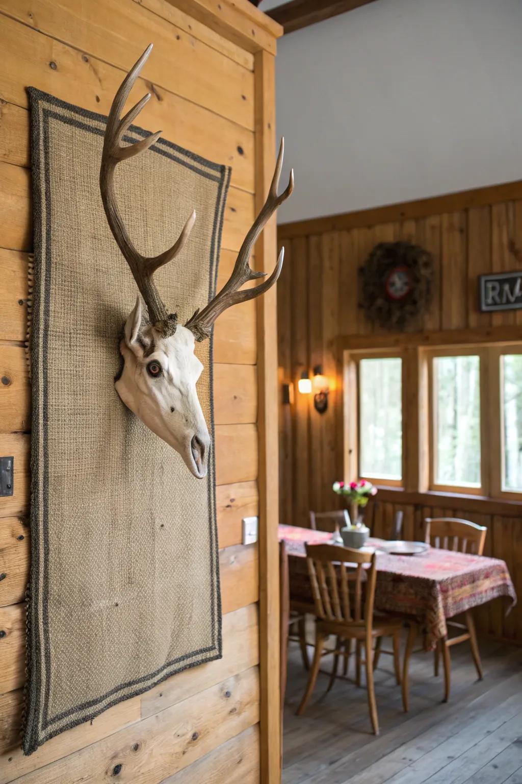 A textured textile foundation introduces countryside charm to a deer skull display.