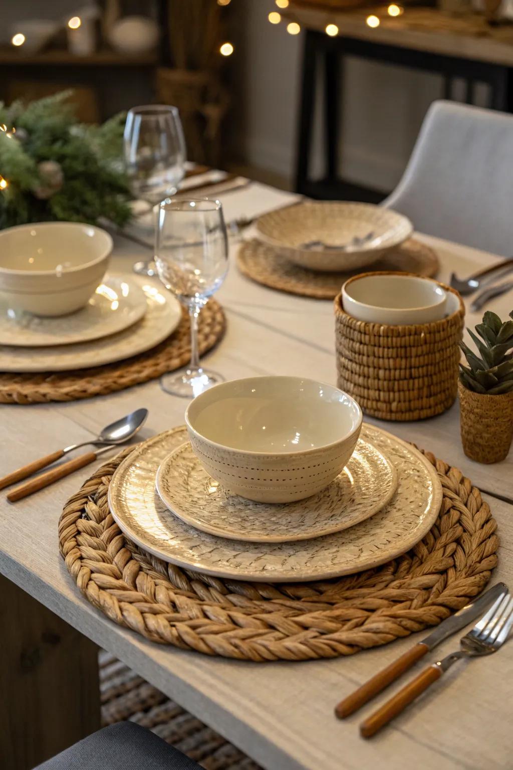 Artisanal details like hand-fashioned pottery instill personality into the table.