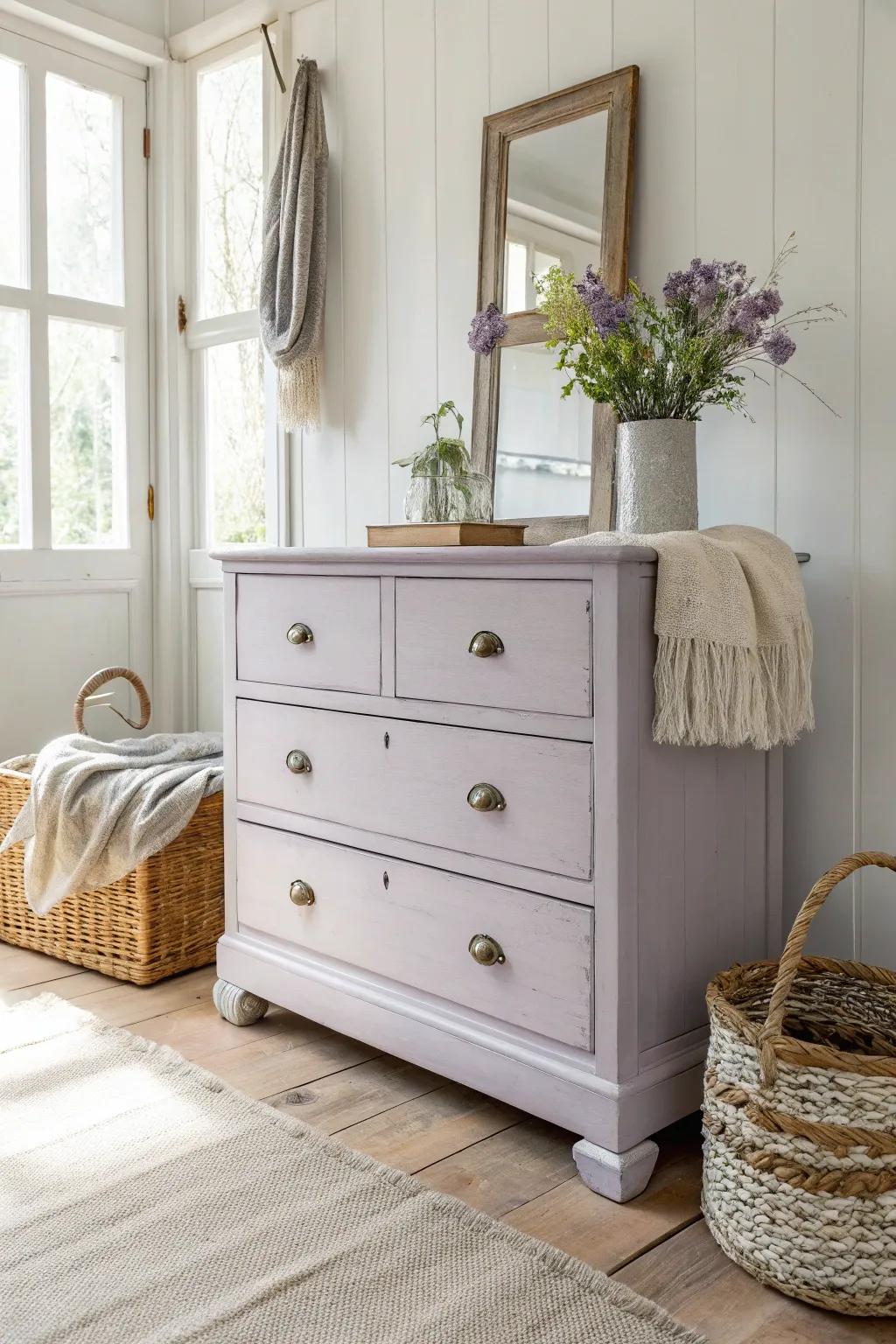 Transform your space with the calming allure of a lavender pigment-painted dresser.