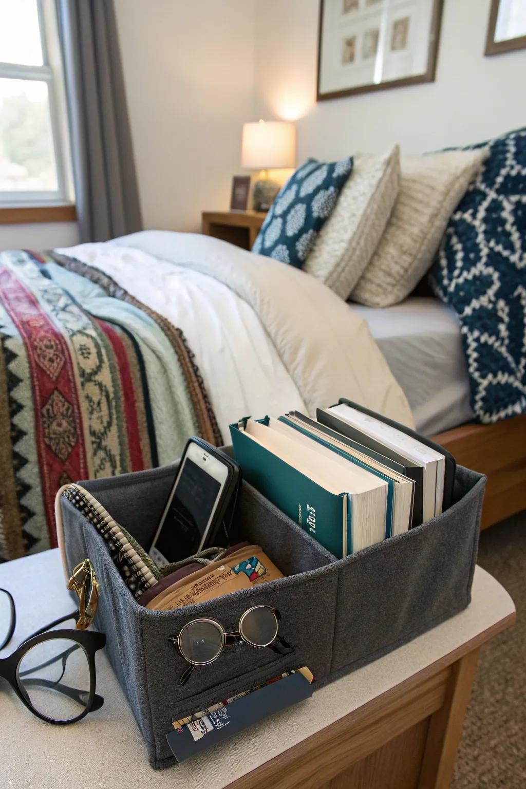 A bedside caddy keeps nighttime necessities close by.
