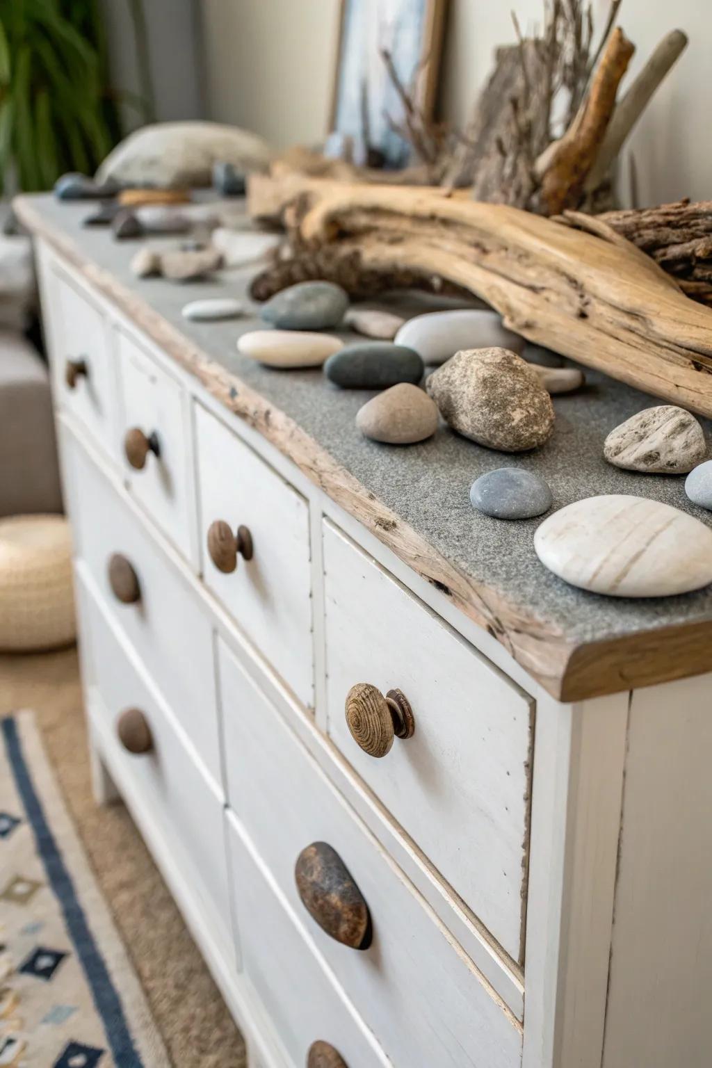 Natural additions evoke tranquility on the dresser.