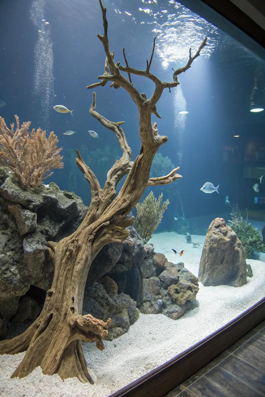 A breathtaking coral reef emulation aquarium showcasing branching bogwood.