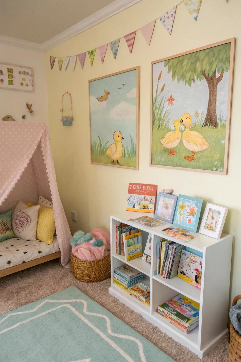 Nursery poetic tale ducklings forge a whimsical, storybook atmosphere.