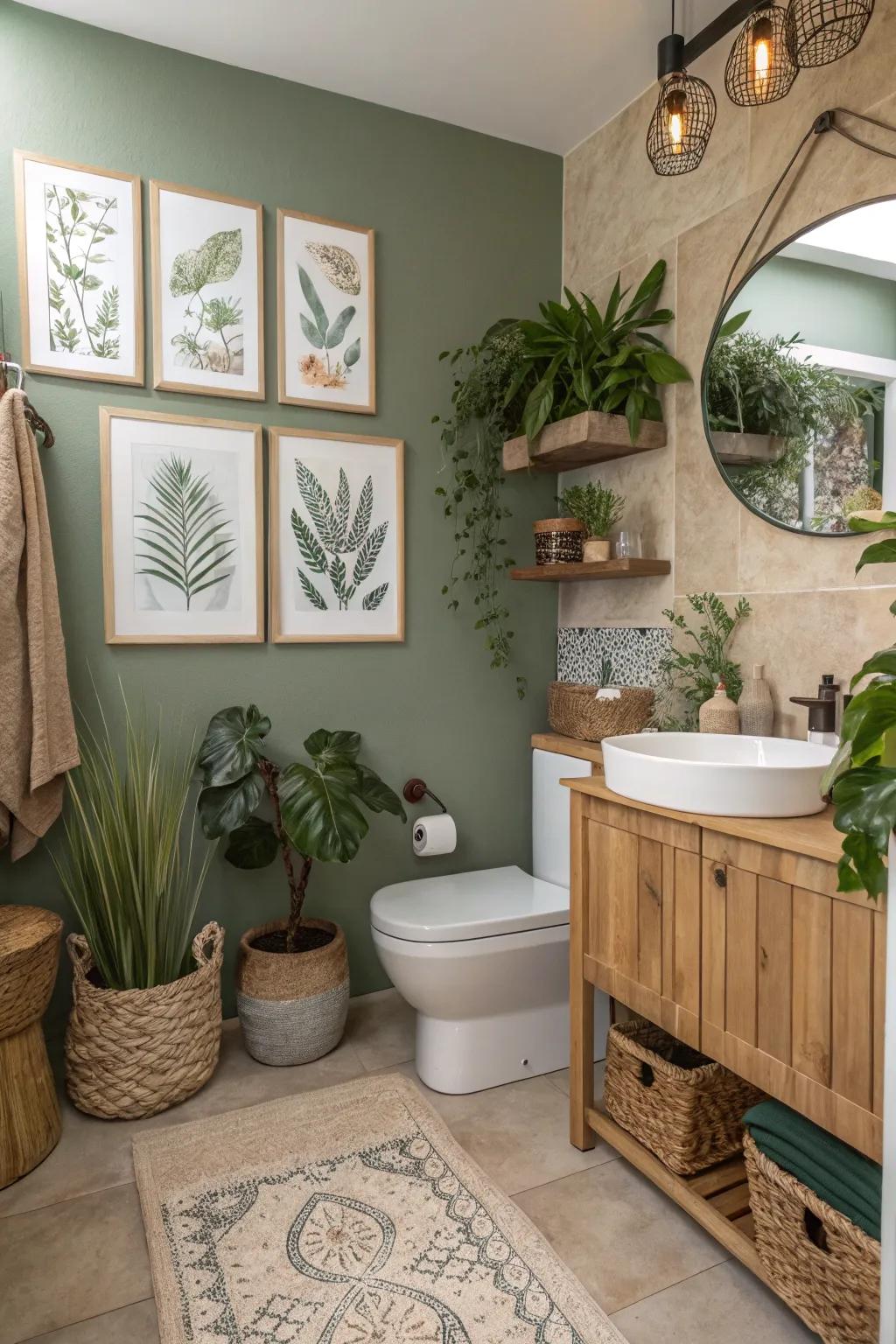 Nature-inspired artwork adds personality and dimension to the restroom.