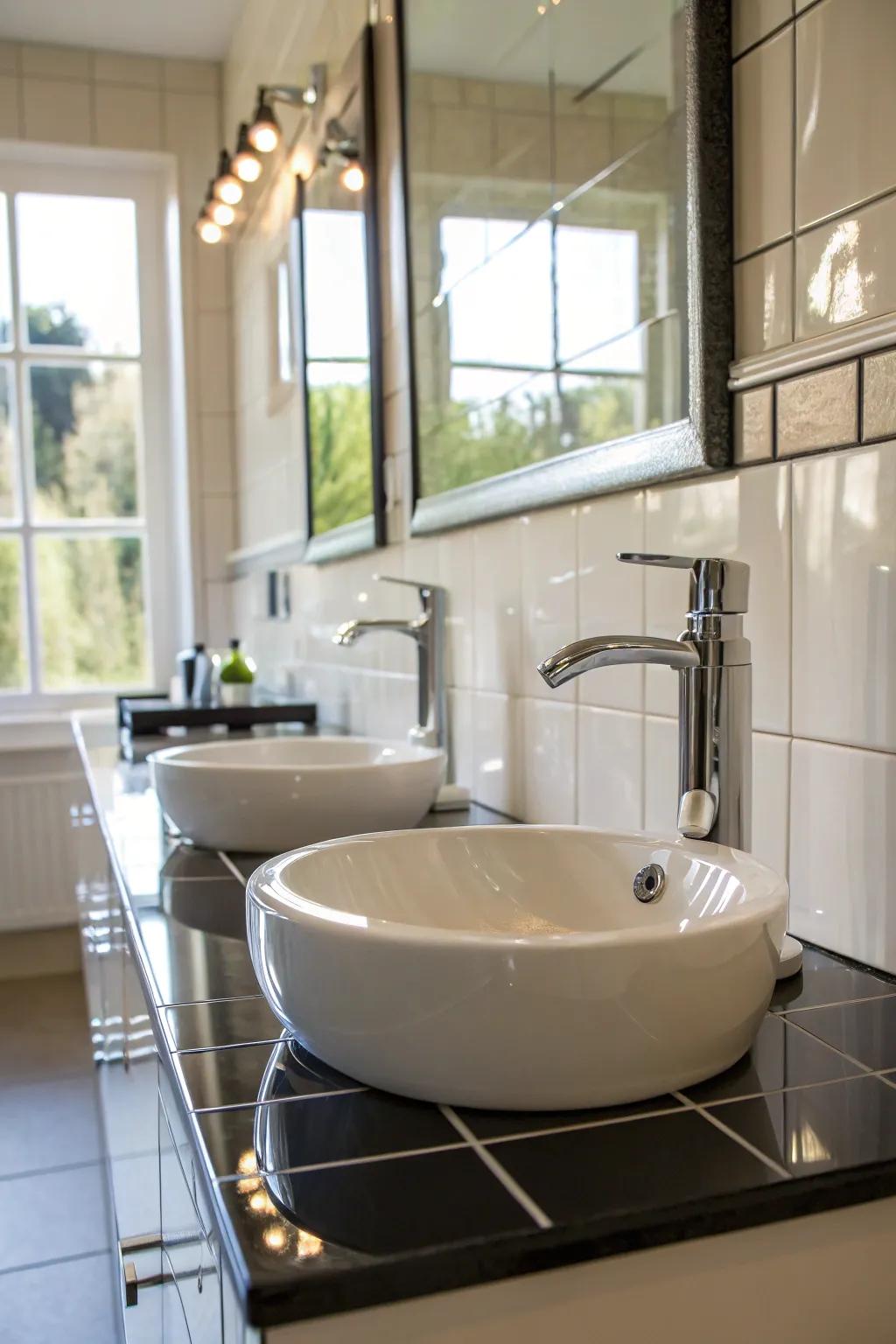 Lustrous overlays add sophistication to this elegant bathroom.