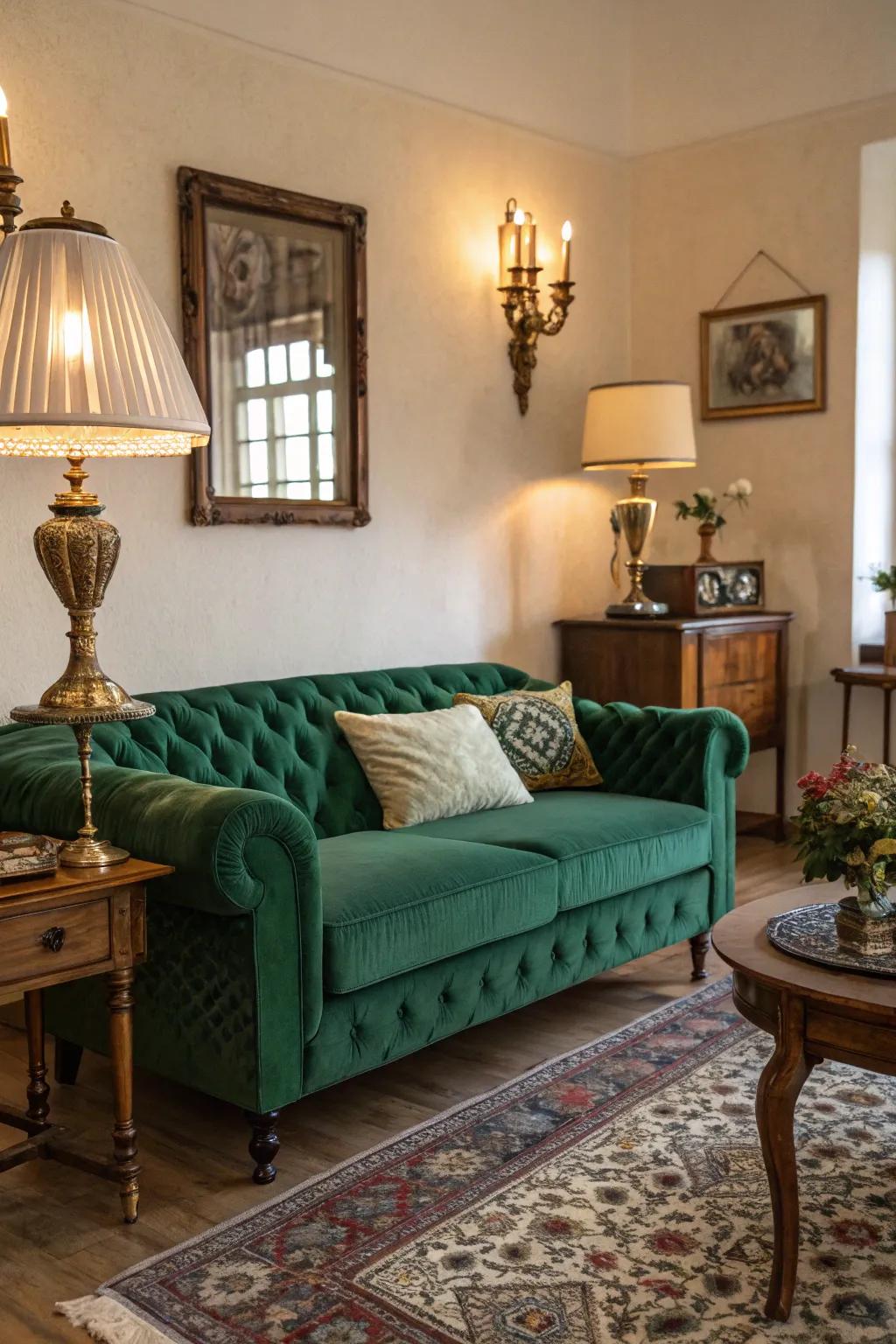 The emerald green sofa setting is given charm with vintage elements.