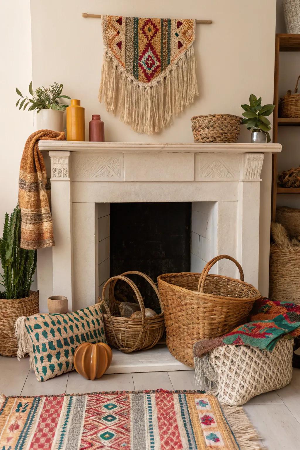Design boho vibes using fabrics in your fireplace.