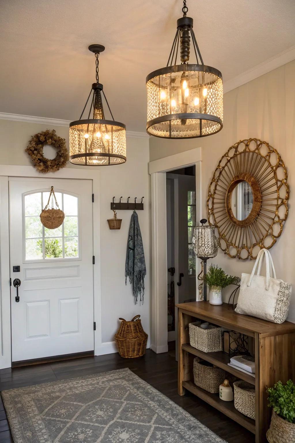 Personalized lighting apparatuses add a unique and creative touch to this entryway.