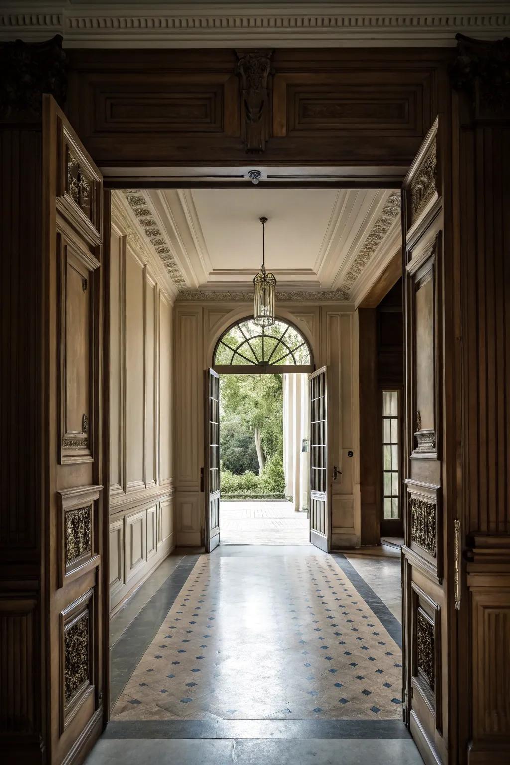 Ground-to-ceiling walling introduces drama and cohesion to the entryway.