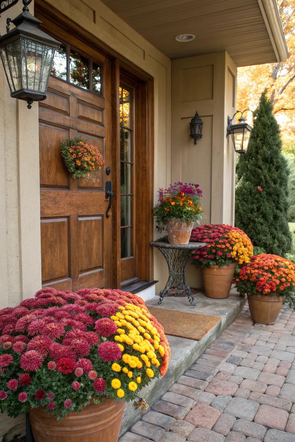 Inviting entryway with pots of mums