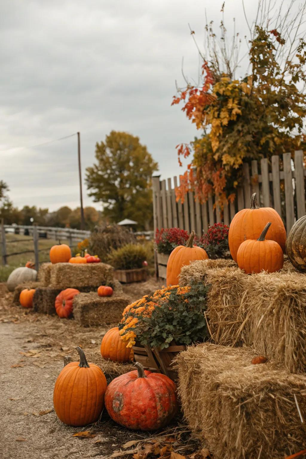 Diminutive hay lumps impart a pastoral harvest-time charm to squash displays.