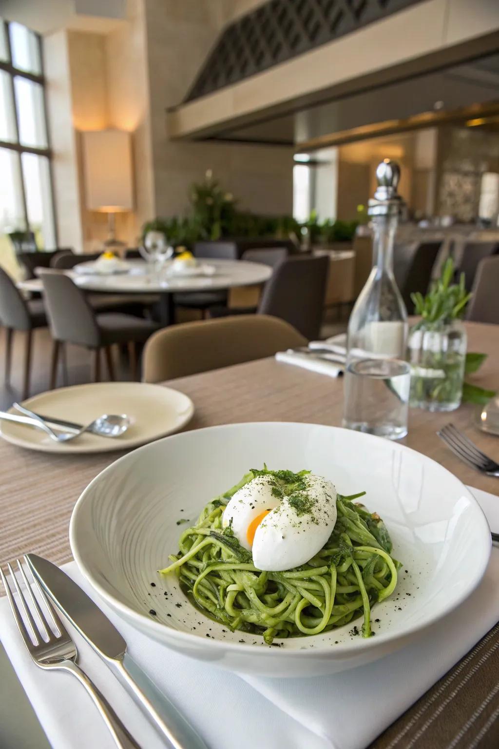 Eggs with zucchini spirals provide a refreshing and light option.