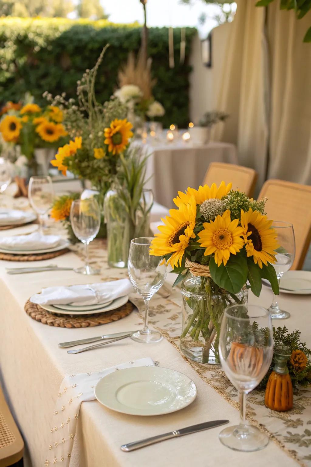 Sunflower centerpieces append a vibrant and cheerful element to the ornamentation.
