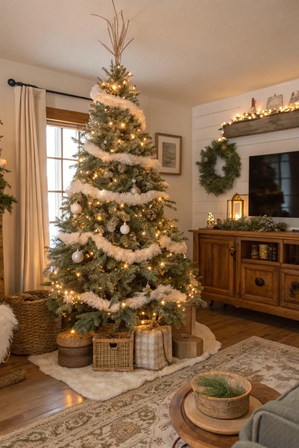 Faux fur touches introduce a touch of luxury to this welcoming tree.