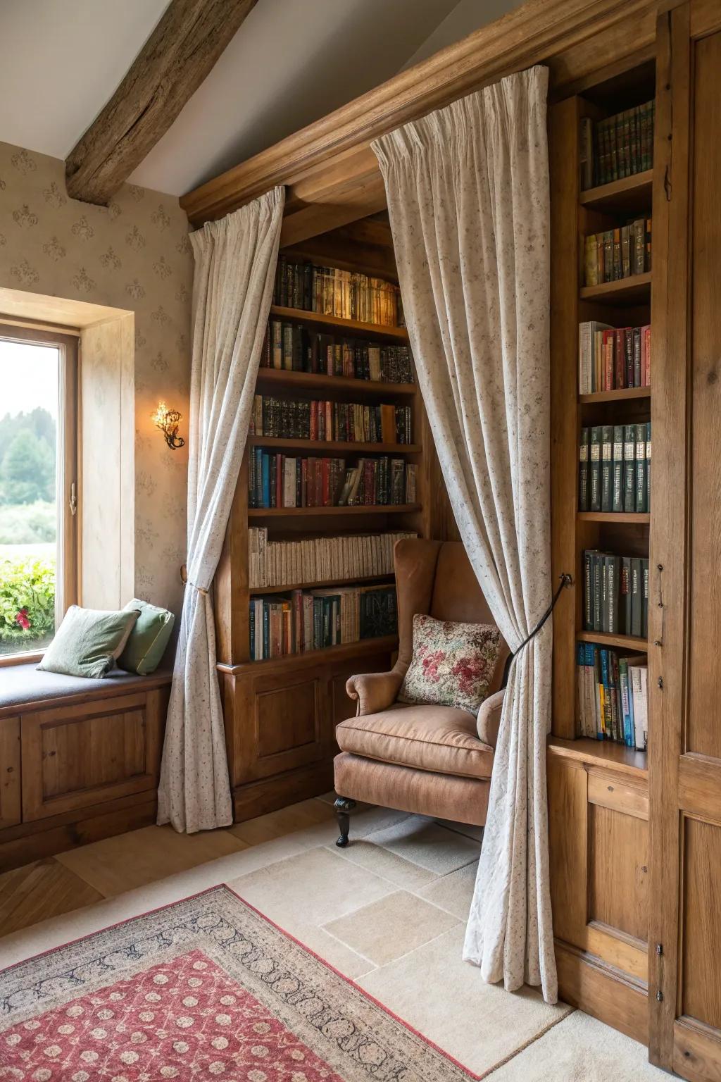 A hidden reading hideaway offers a private retreat within the library.