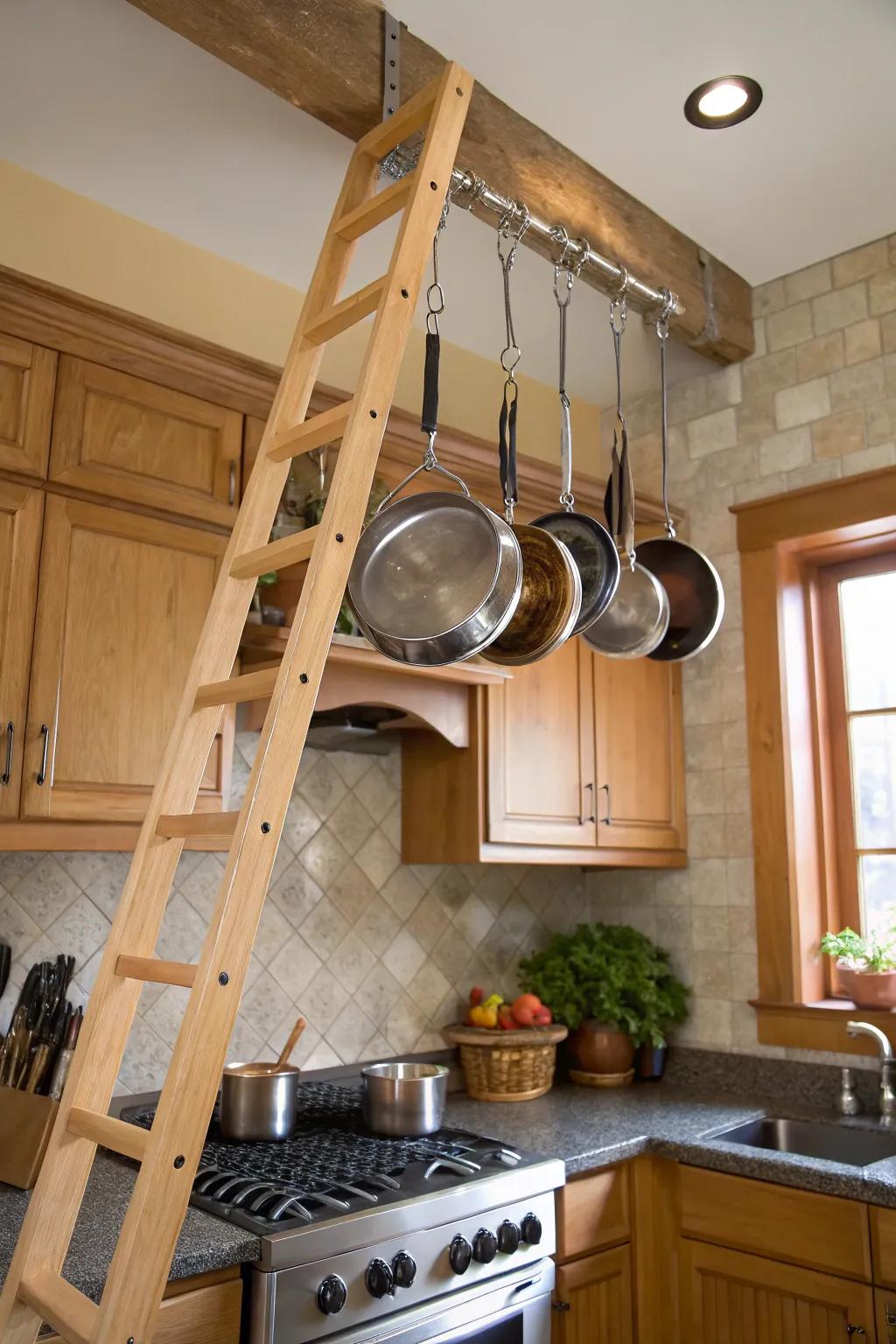 Kitchen pot rack created from a suspended ladder