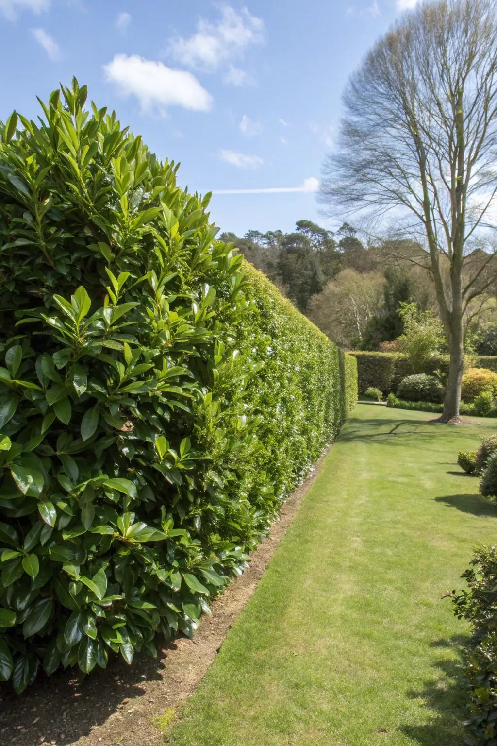 Prunus Laurel thrives in expansive areas, delivering dense enclosure.