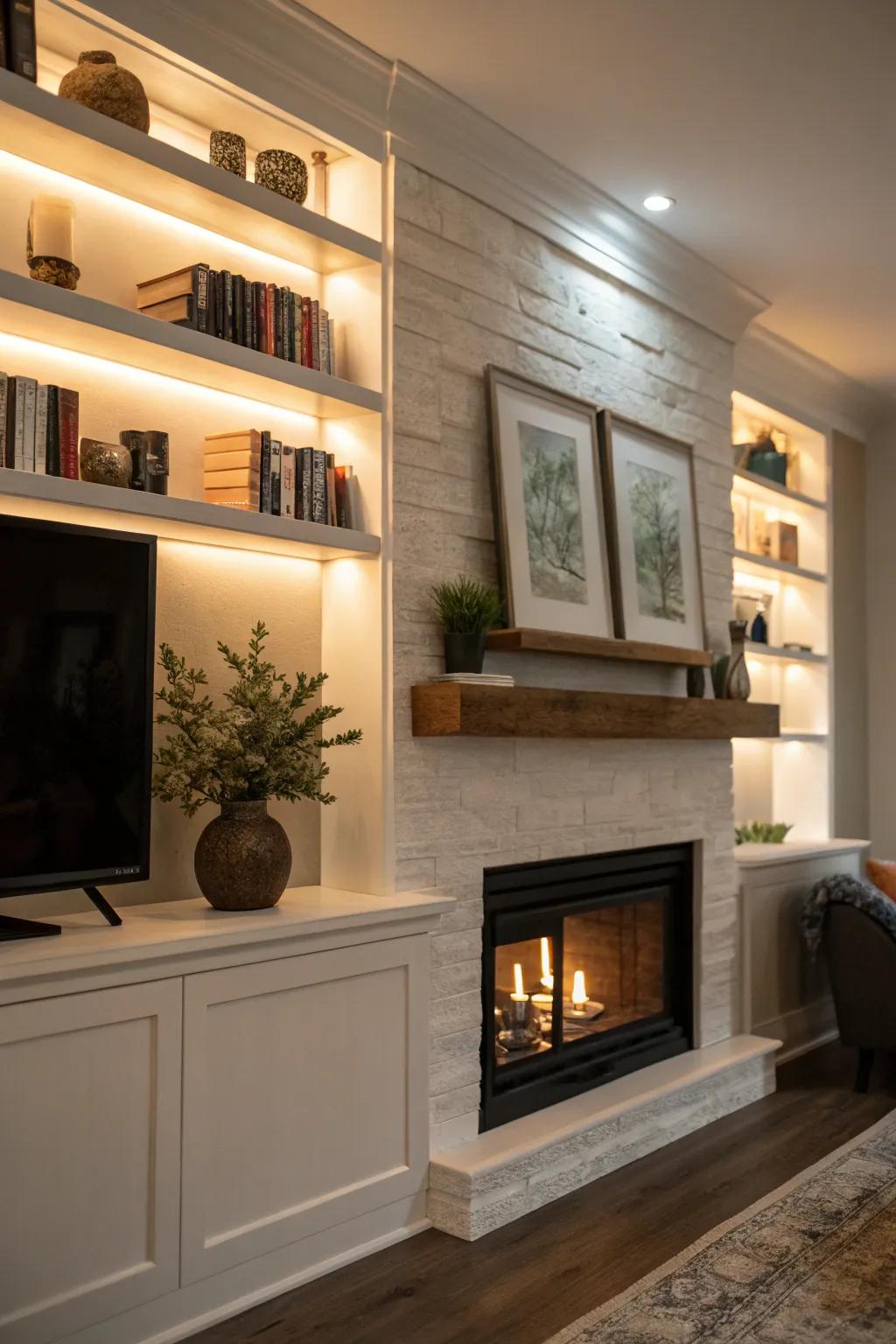 Floating shelves accompanied by lights exhibit decor exquisitely.