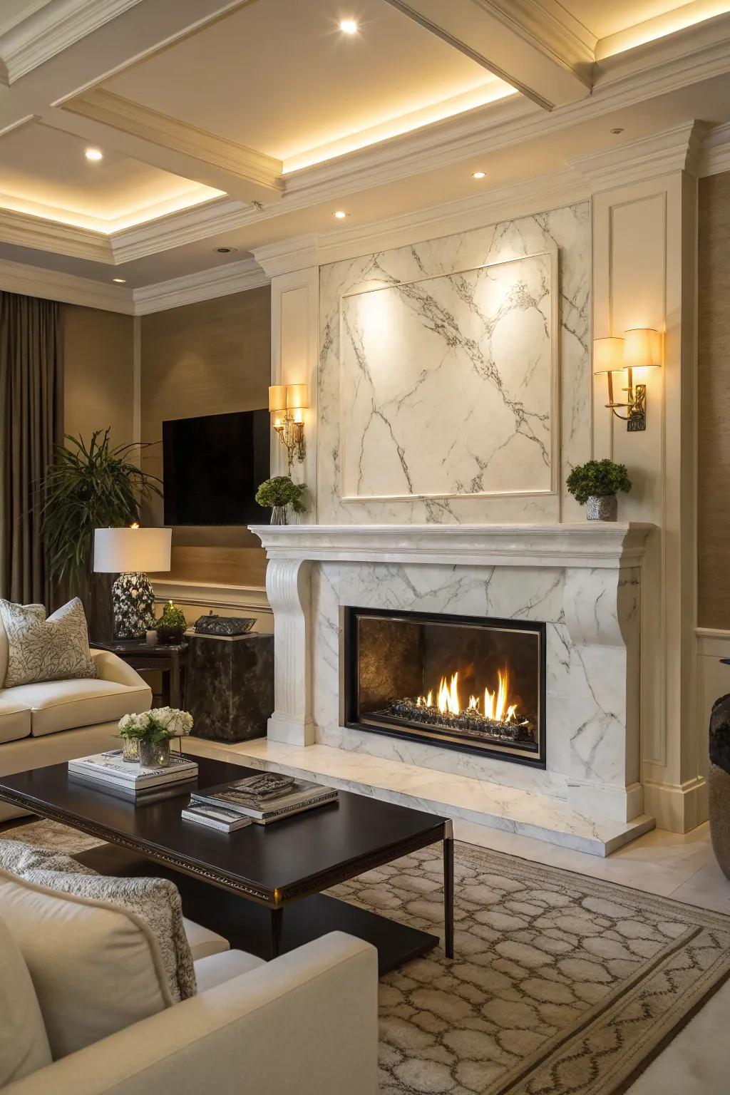 An elegant living space showcasing a fireplace embellished with a sumptuous marble surround.