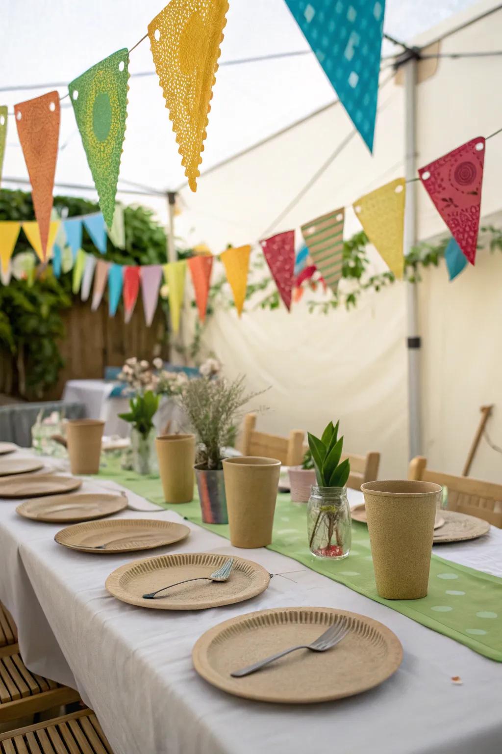 Chic and sustainable party décor using reusable and biodegradable parts.