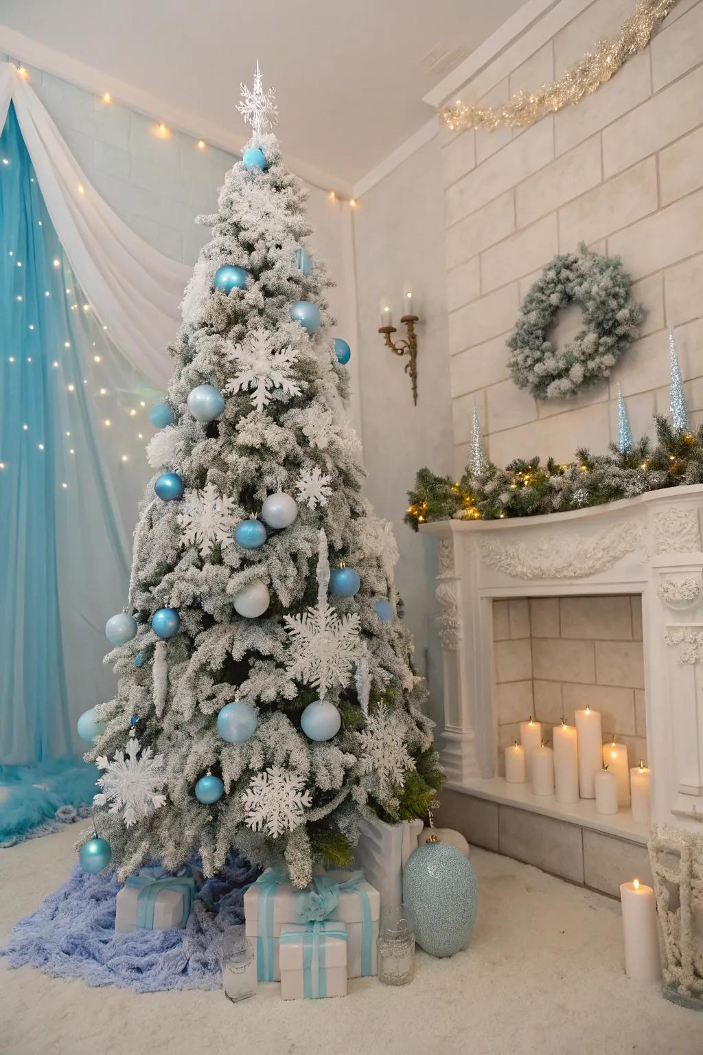A flocked Christmas tree with a Frozen fairytale theme.