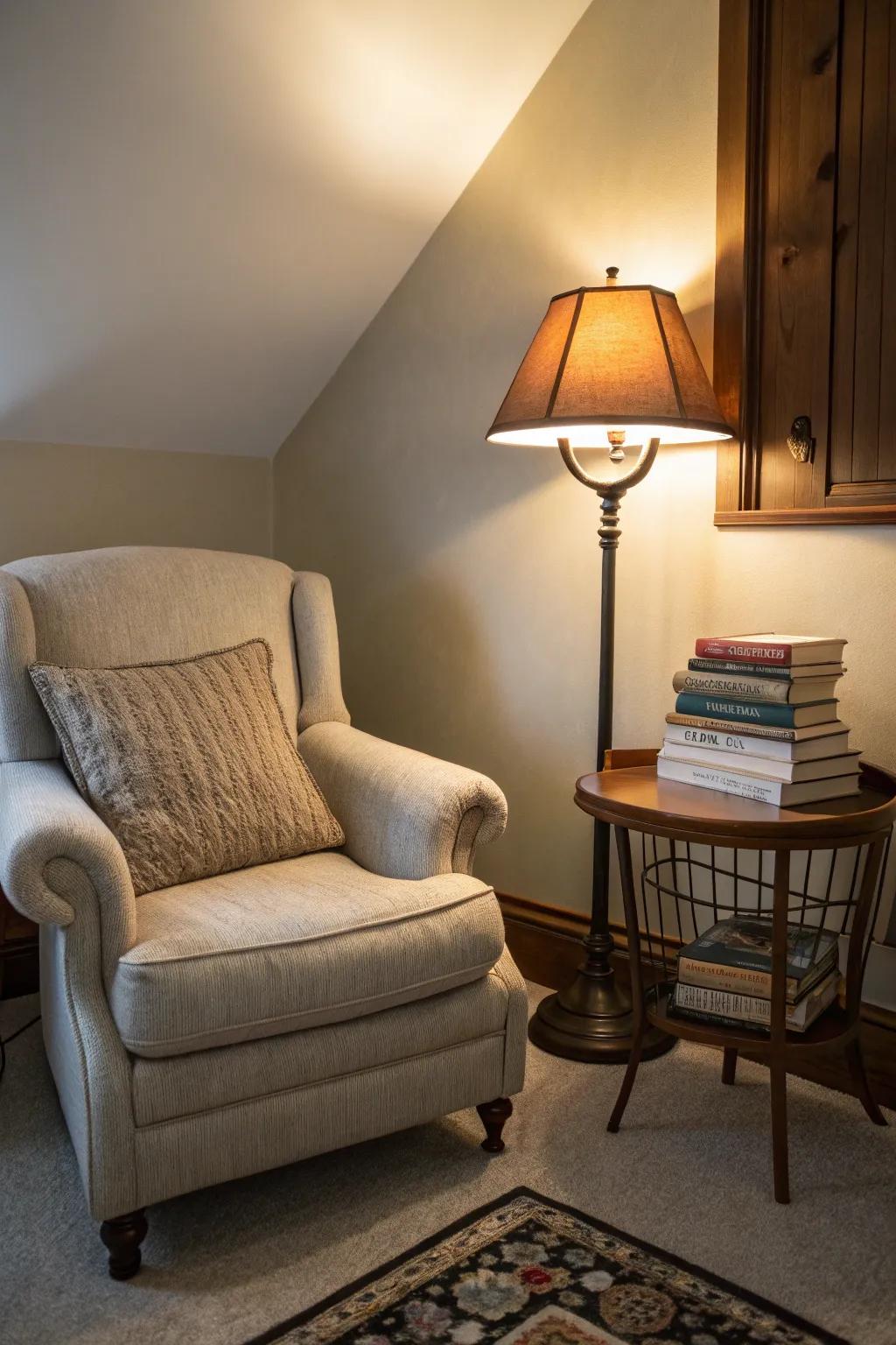 A reading space offers a snug, forest-inspired retreat.