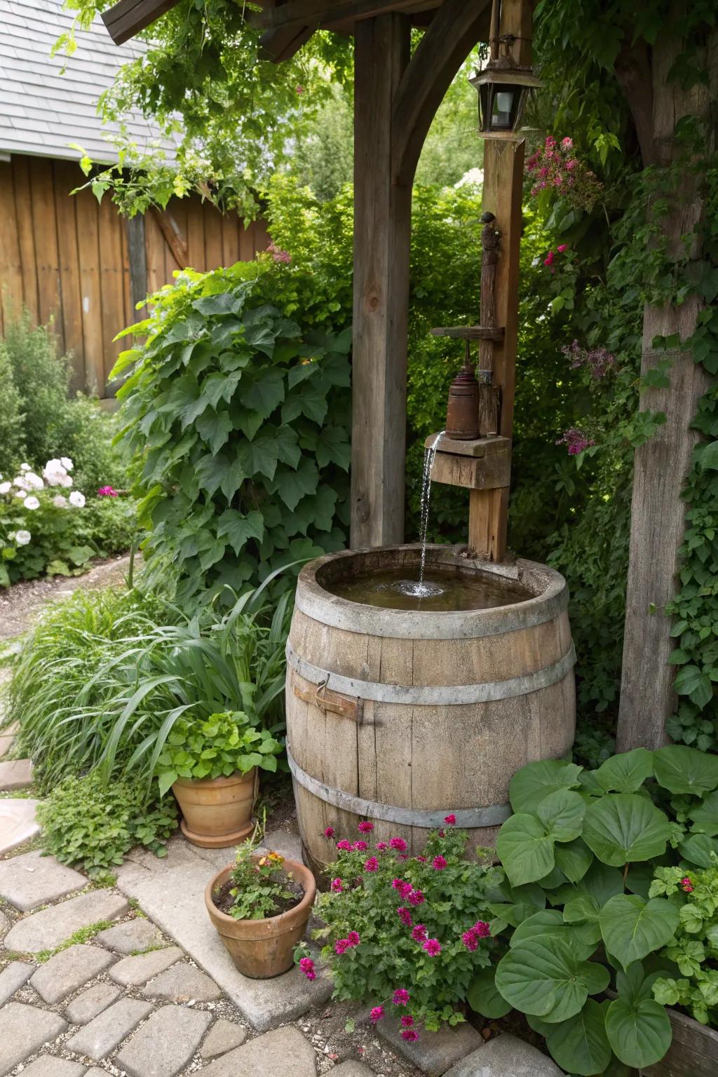 Add rustic charm with a barrel water feature.