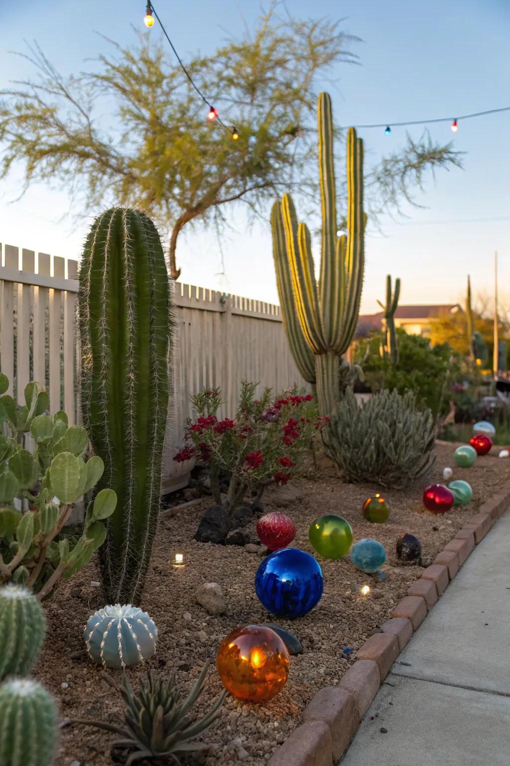 Capricious glass pieces amidst cacti.