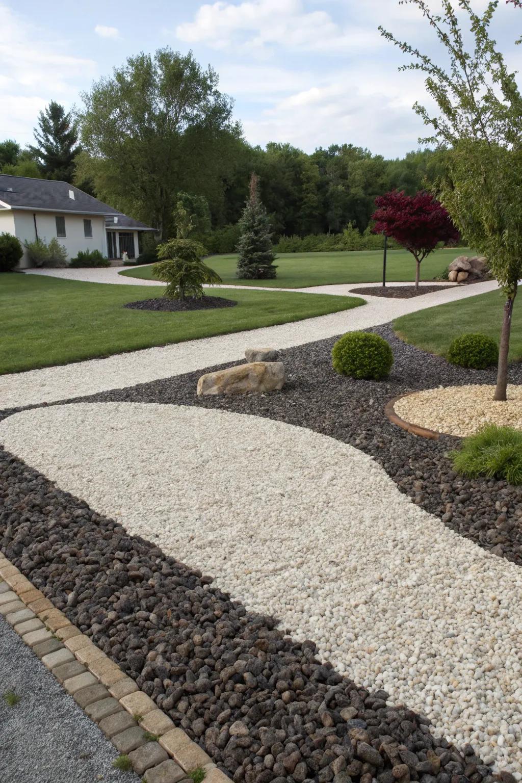 Contrasting gravel hues fashion a visually dynamic landscape.