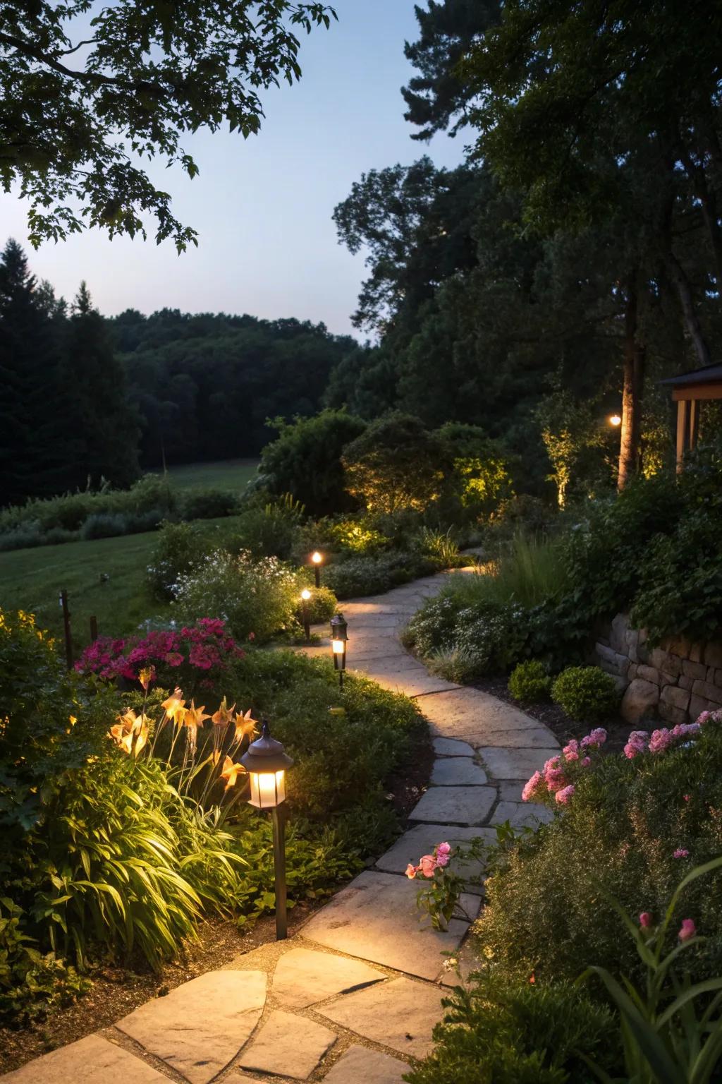 Landscape lighting creates a magical atmosphere after dark.