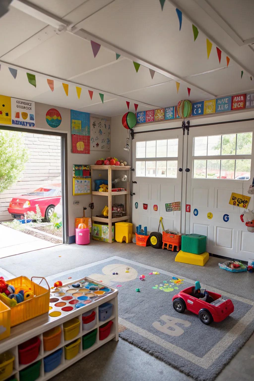 A fun and safe area for kids in a garage.