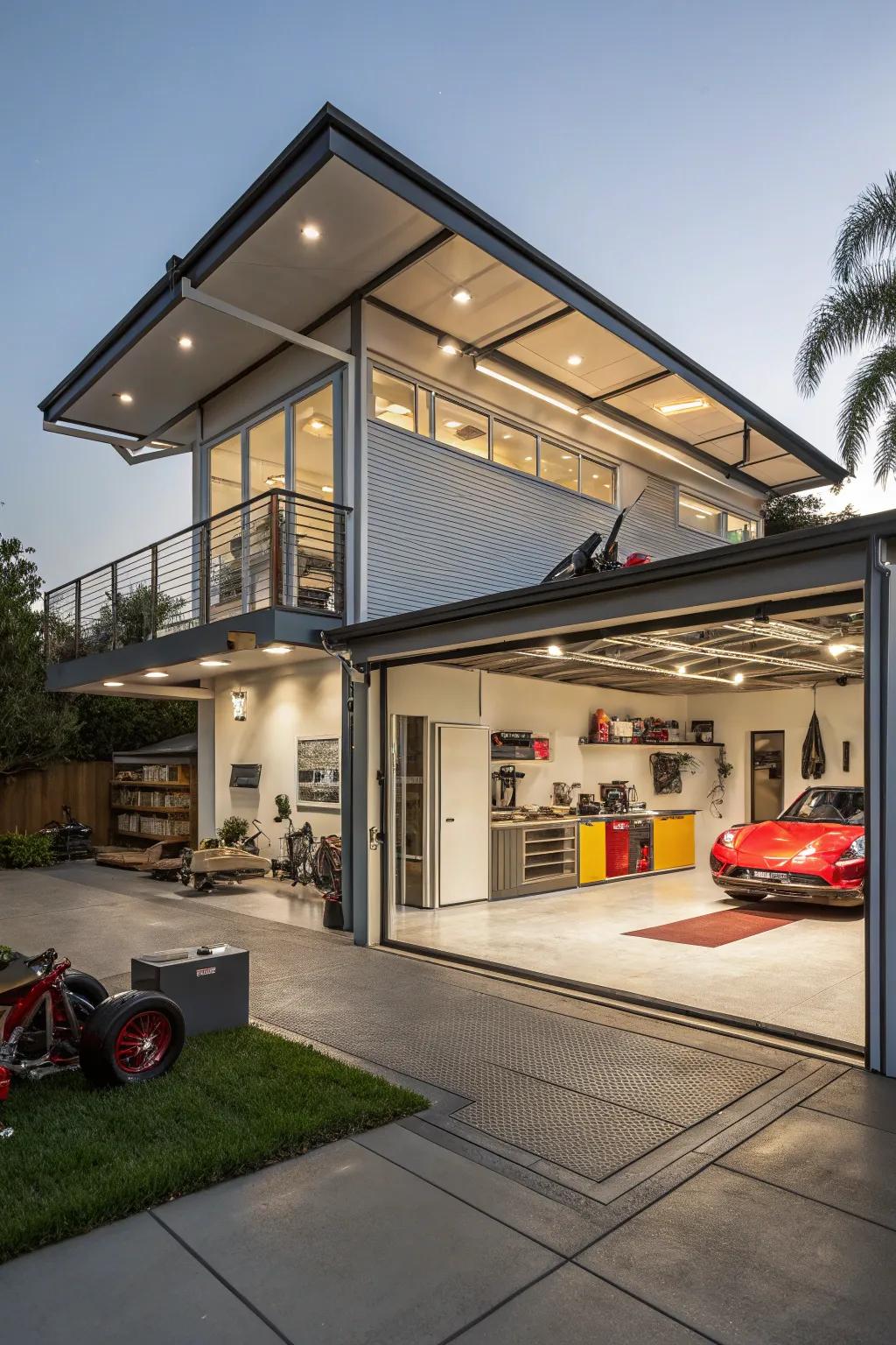 A dynamic tiered roof addition offers creative space utilization.