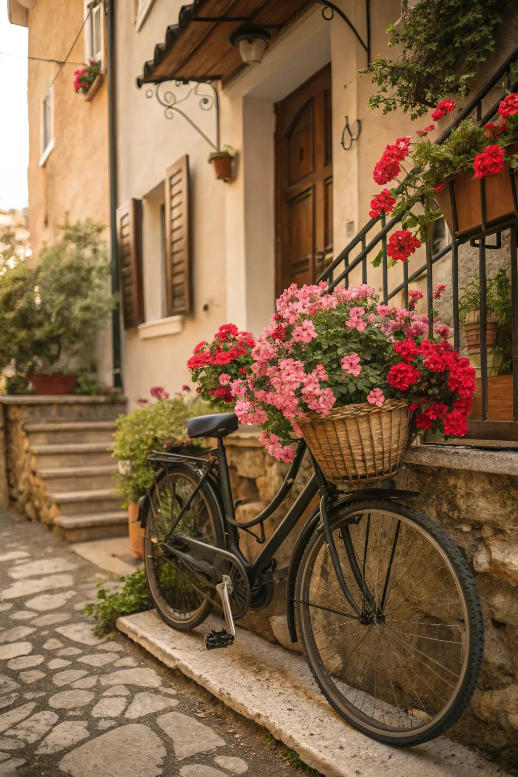 A cycle basket garden transformed into a charming geranium display.