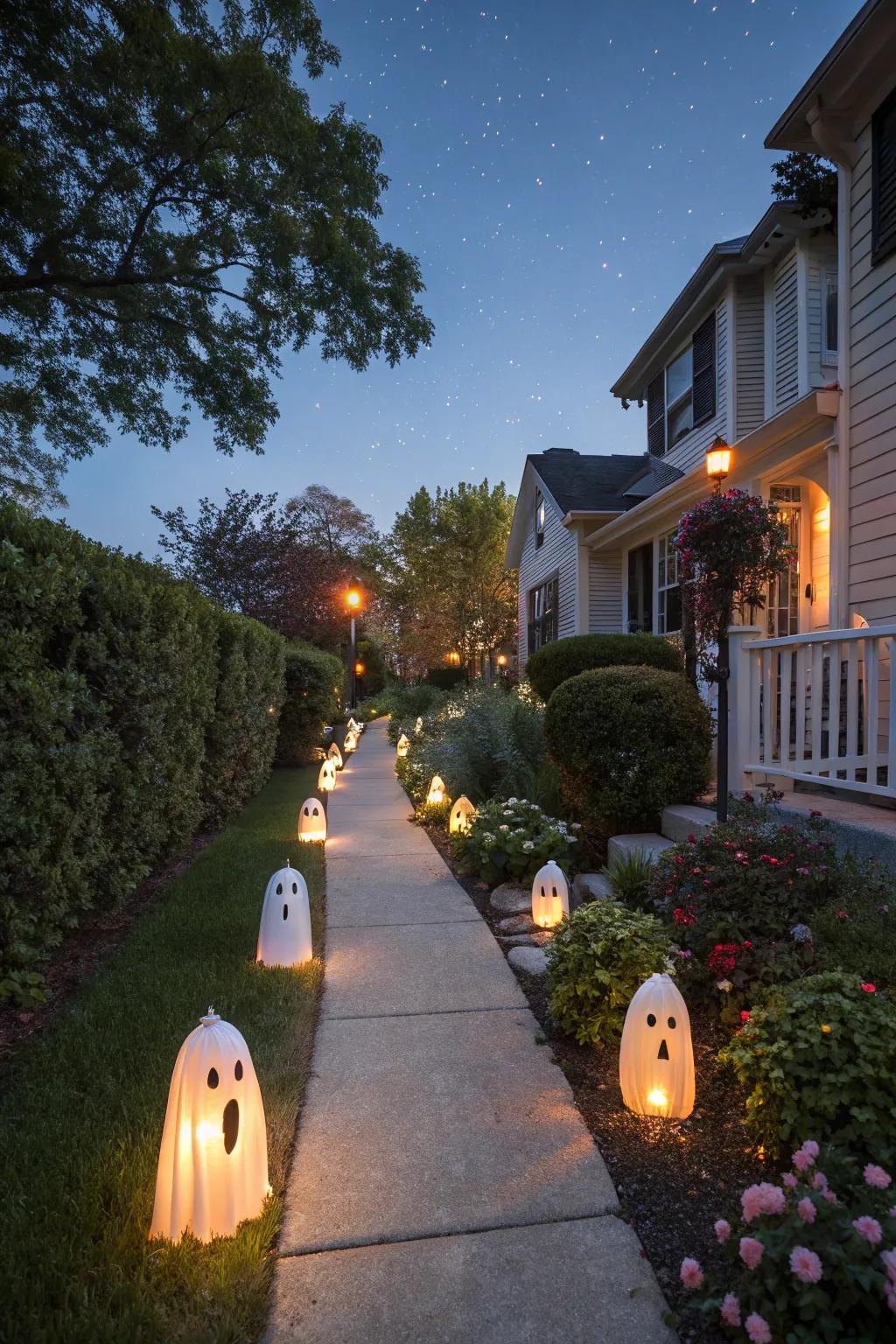 Spectral sidewalk lights create a welcoming and scary entry.