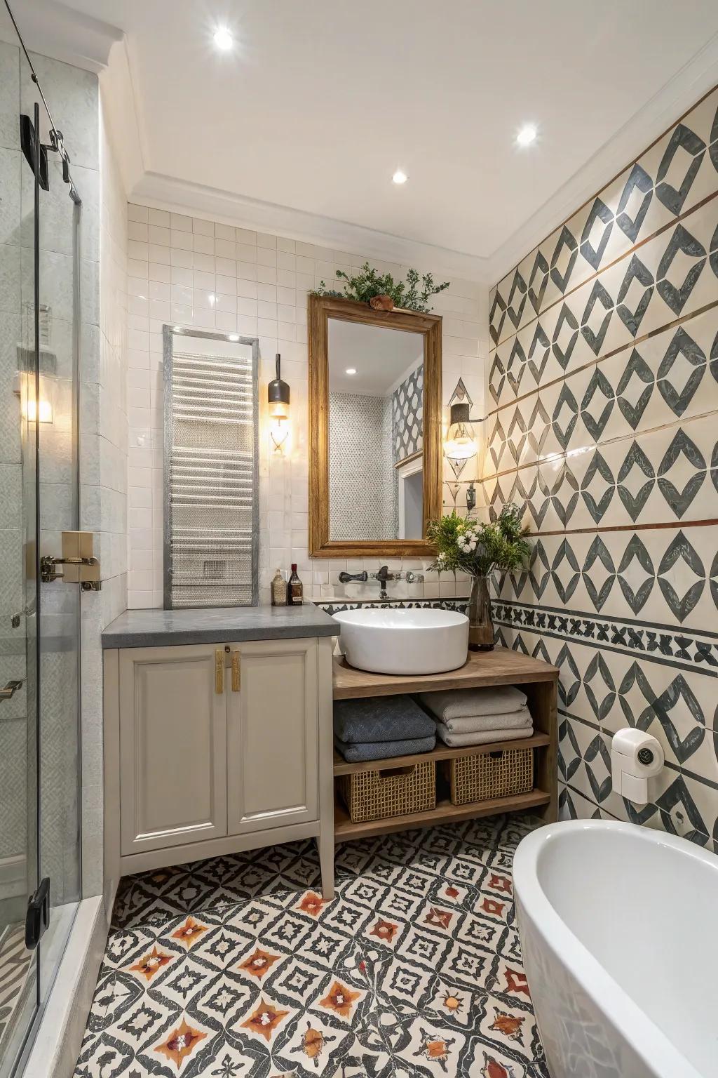 A chic bathroom showcasing bold patterned tiles.