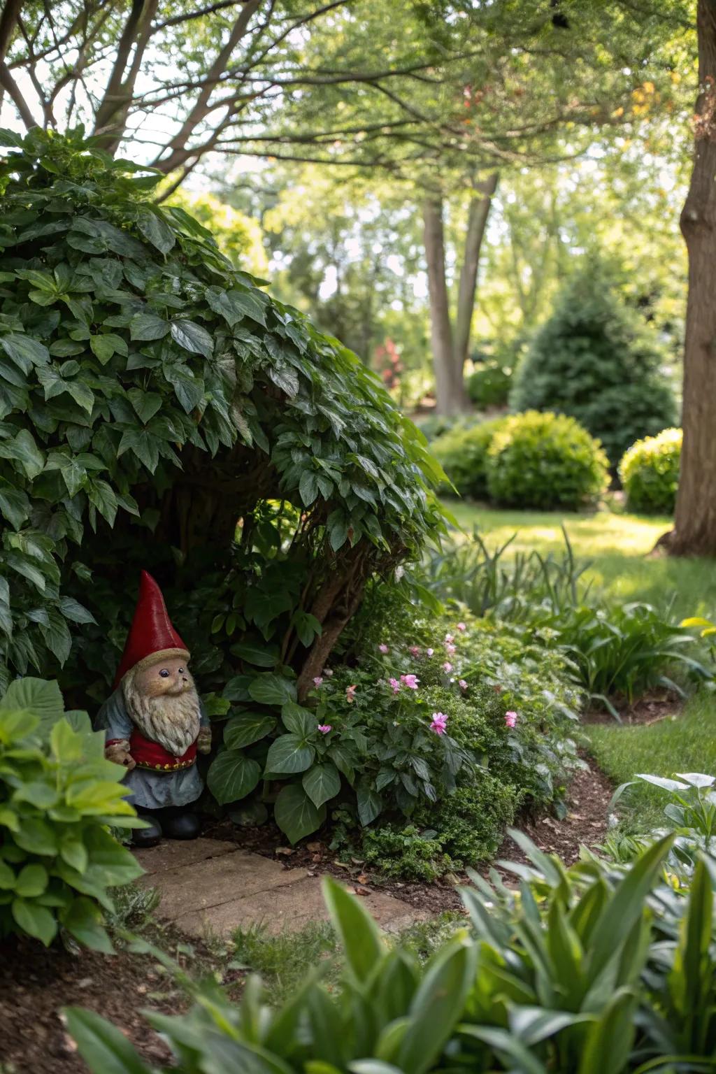A secretive gnome hideaway nestled in lush foliage.