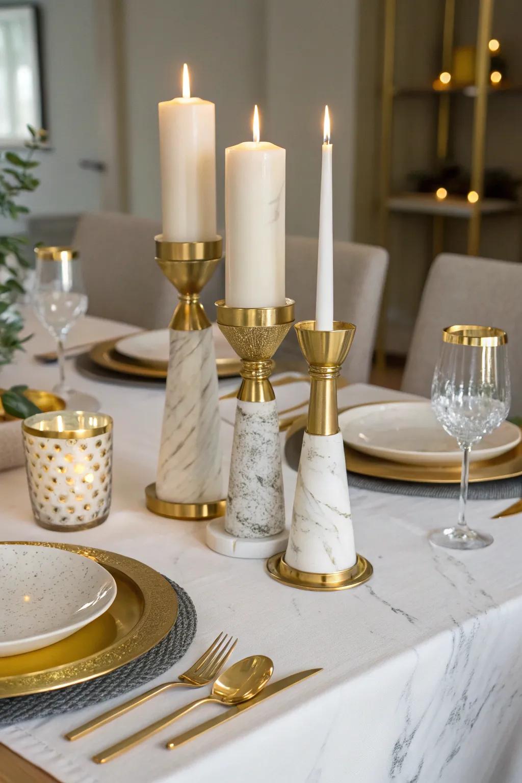 Luxurious modernity through gilded and marble light holders.