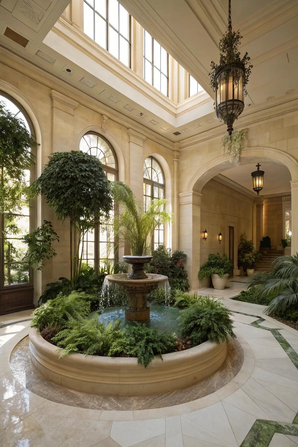A miniature garden alcove brings tranquility to a grand foyer.